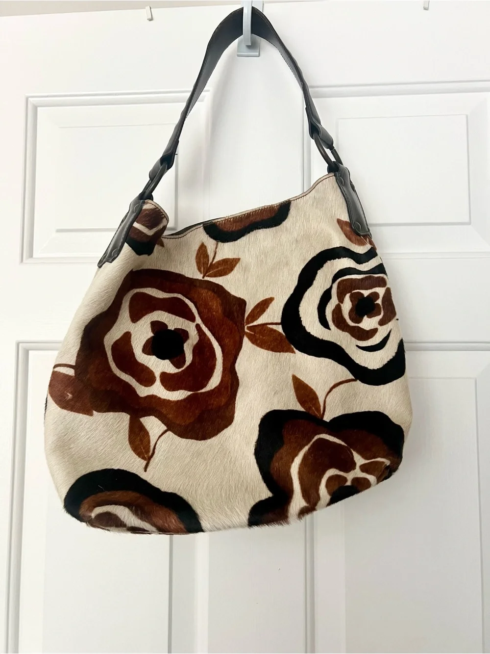 Maurizio Taiuti Cow Hide Cream Tote with Brown and Black Floral Print